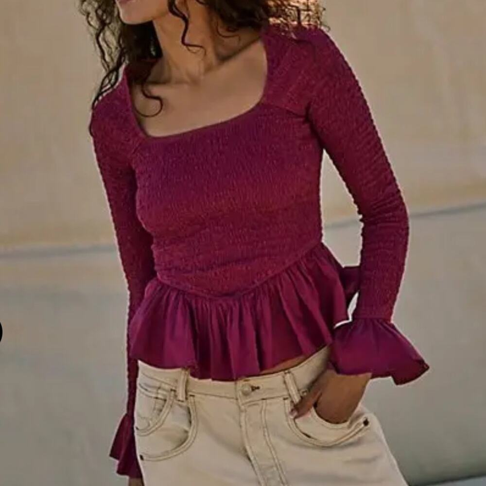 NWT Free People Tropical Vibes in Sweetheart Smocked Long Sleeve Peplum Top